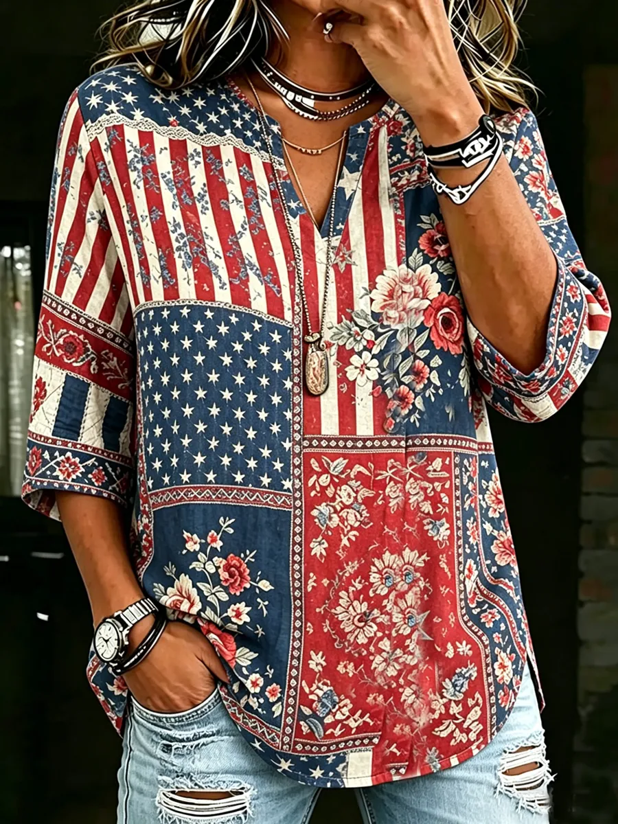 Women's Retro-Art American Flag Crewneck Top with V-Notch