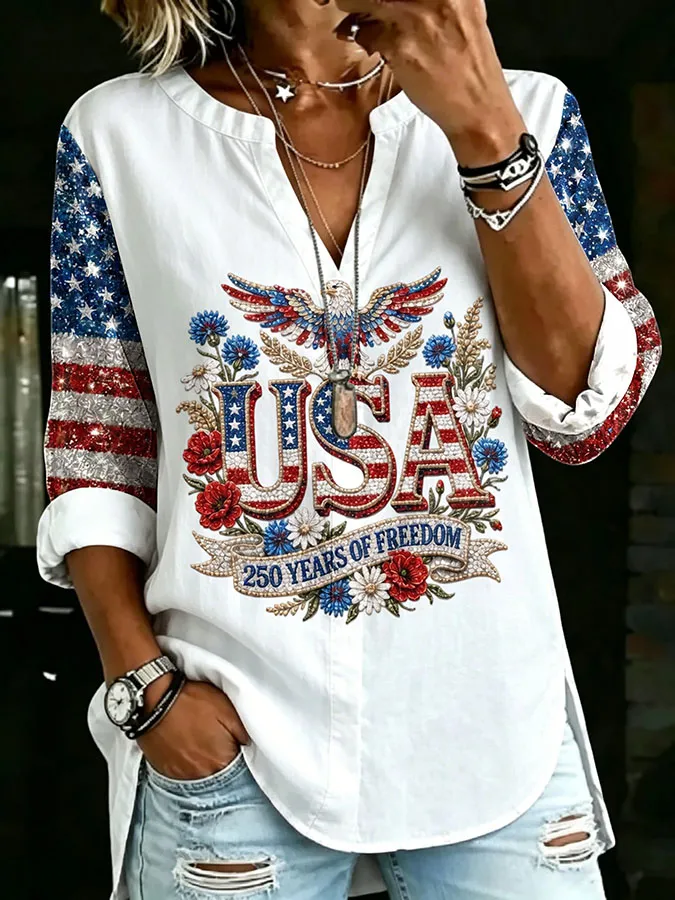 Women'S Retro Independence Day American Flag Notch V-Neck Top