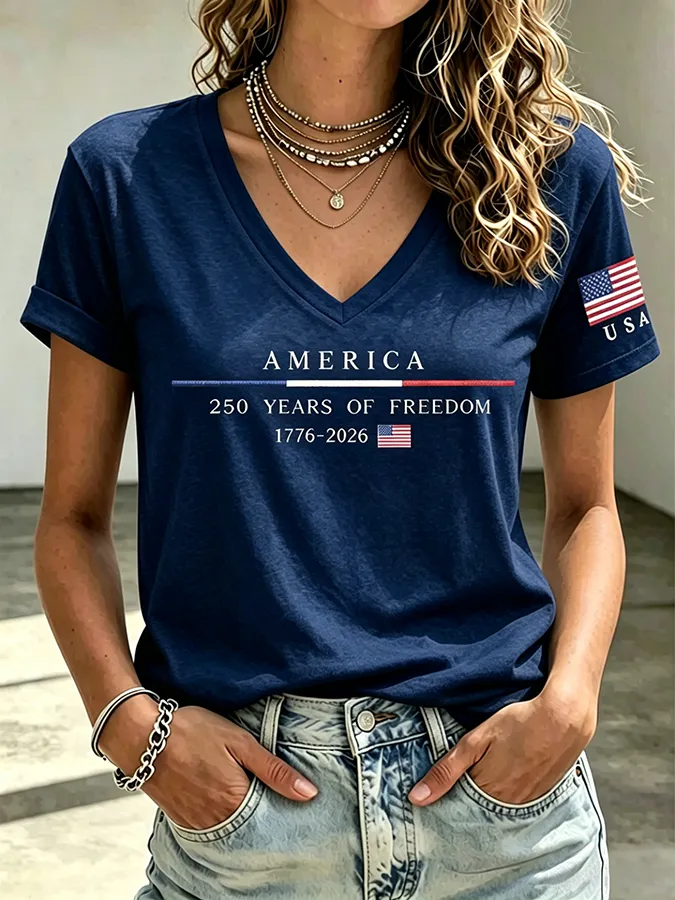 250Th Anniversary American Embroidery Commemorative V-Neck Short Sleeved T-Shirt