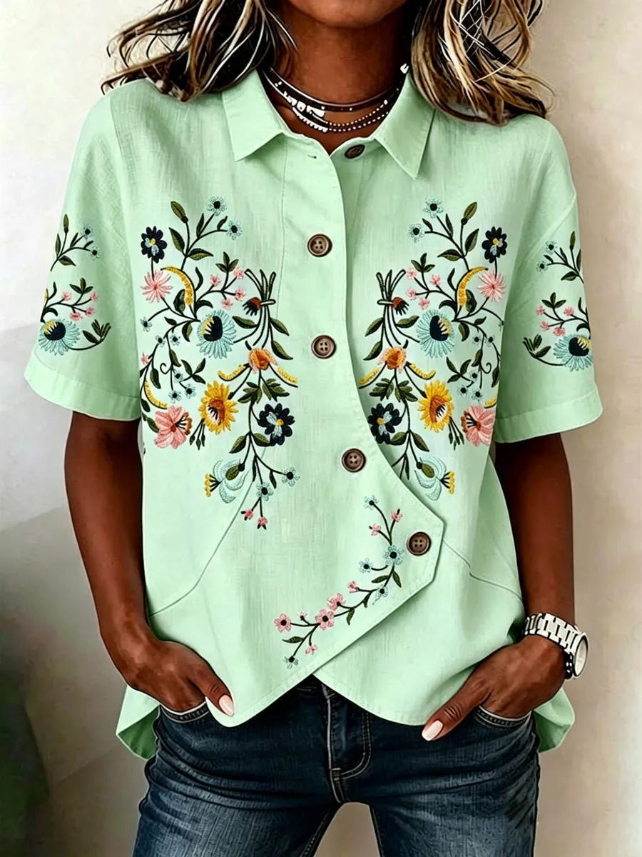 Women'S Cotton And Linen Casual Print Top