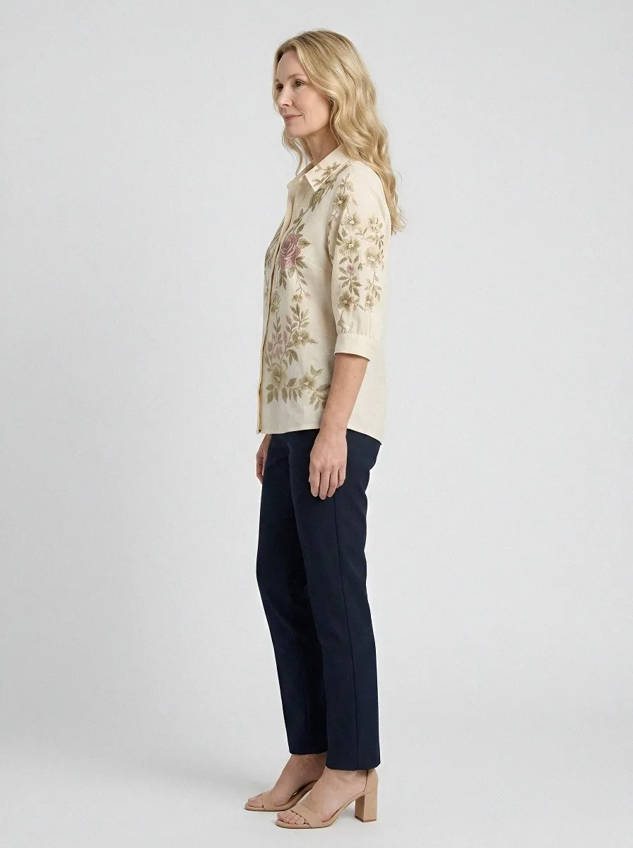Women's Breast Cancer Awareness Floral Rose Printed Button-up Shirt