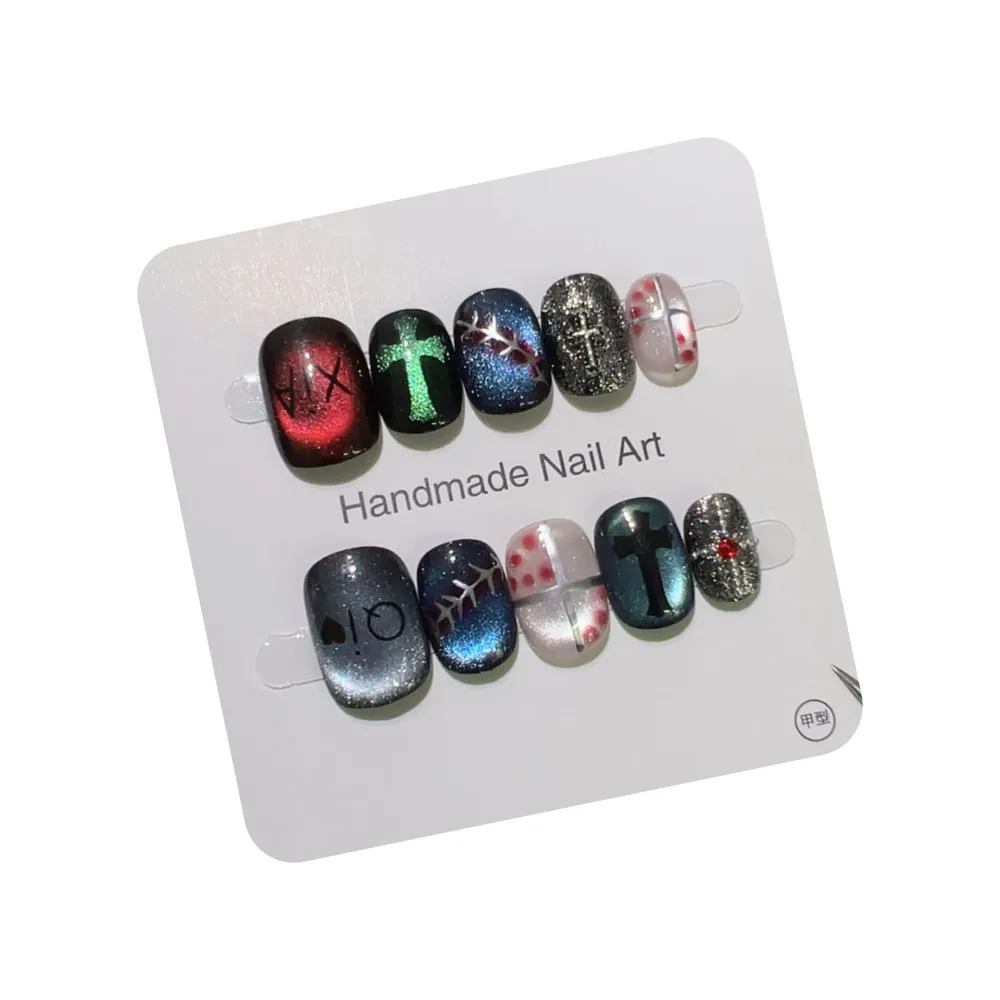 Nailhour 10Pcs Y2K Gothic Cat Eye Short Squoval Press On Nails