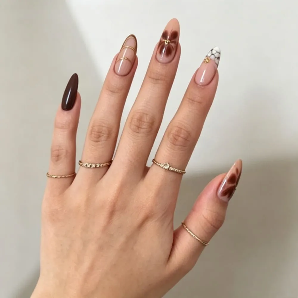 Nailhour 24Pcs French 3D Floral Medium Almond Press On Nails
