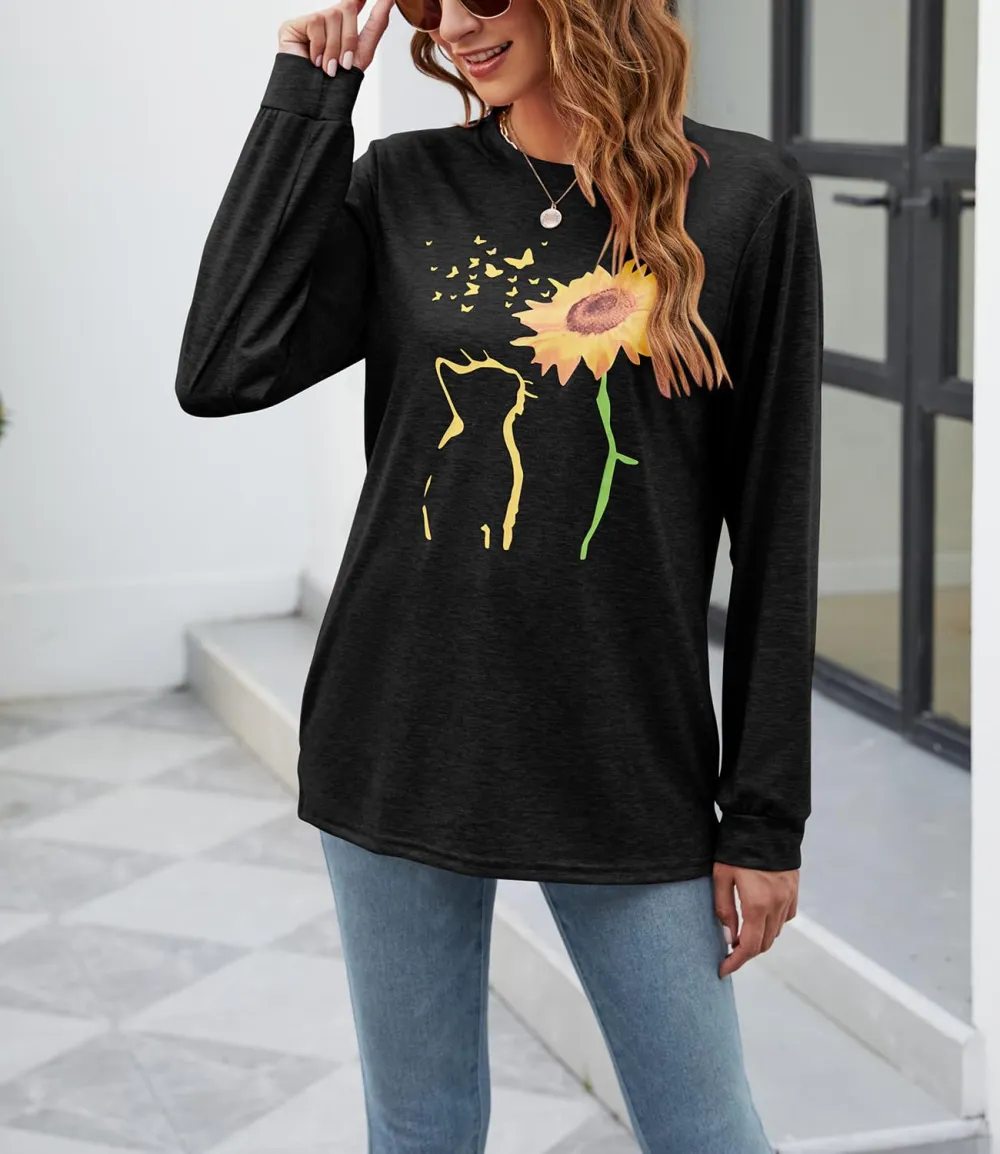 Cat And Sunflower Print Long Sleeve T-shirt