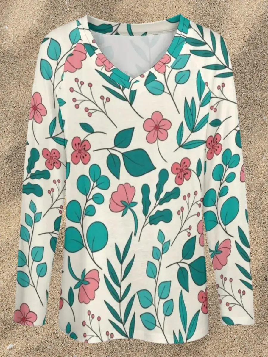 Flower and Leaf Print T-Shirt