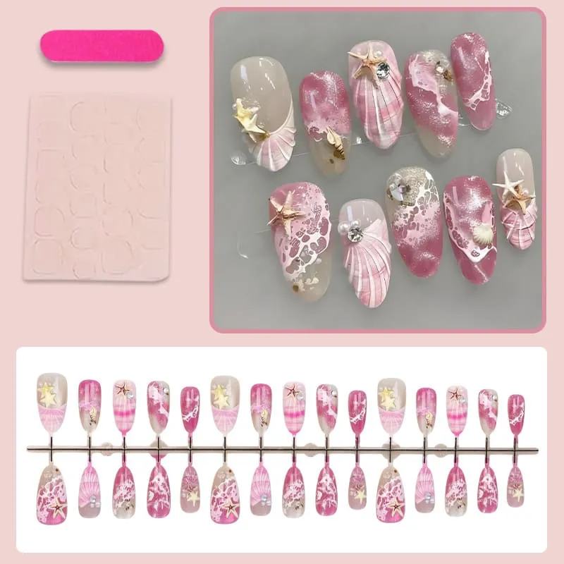 Nailhour 30Pcs Pink Ocean Tones 3D Medium Almond French Press On Nails