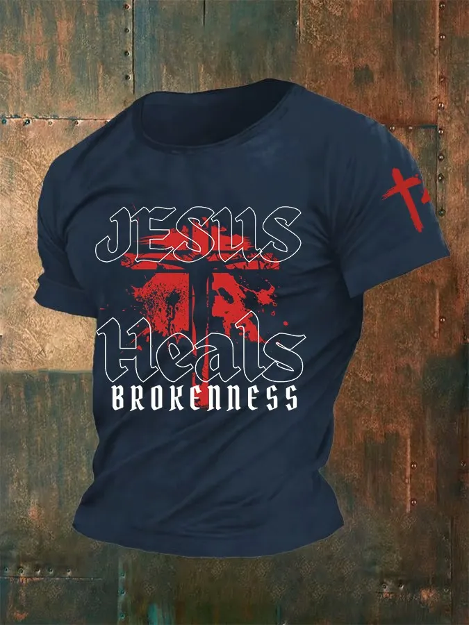 Men's Christian Faith Jesus Heals Brokenness Print Casual T-shirt