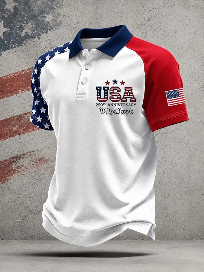 Men'S American Flag Print Casual Polo Shirt