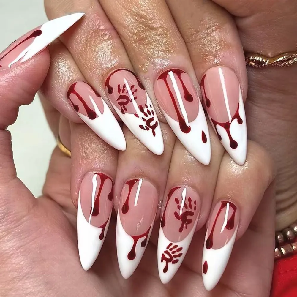 Nailhour 24Pcs French Halloween Gothic Long Almond  Press On Nails