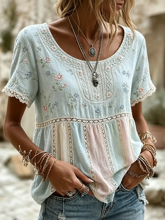 Women's casual floral print cotton and linen round neck top