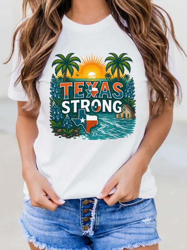 Ladies TEXAS STRONG Versatile Seaside Vacation Art Print Round Neck Shirt