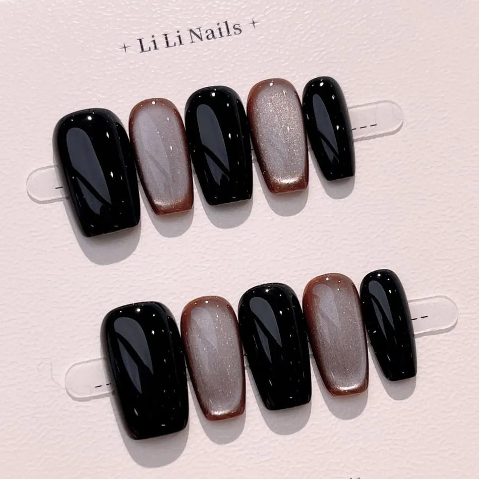 Nailhour 10Pcs Minimalist Cat Eye French Medium Square Press On Nails