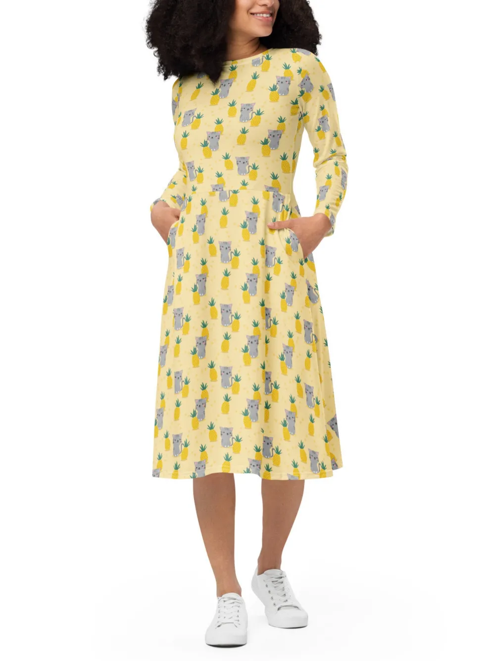 Pineapple Cat Print Midi Dress