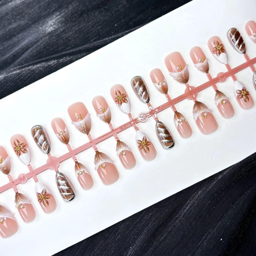 Nailhour 30Pcs Autumn Glitter Floral 3D Medium Almond French Press On Nails