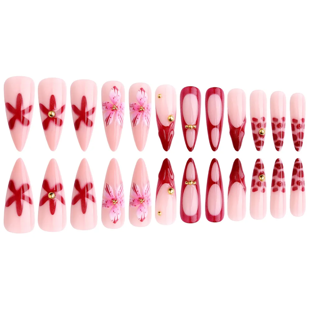 Nailhour 24Pcs Stiletto Summer Holiday Date Floral Pink Long Press On Nails