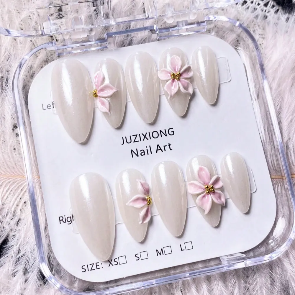 Nailhour 10Pcs Handmade Versatile Medium Almond 3D Floral Press On Nails