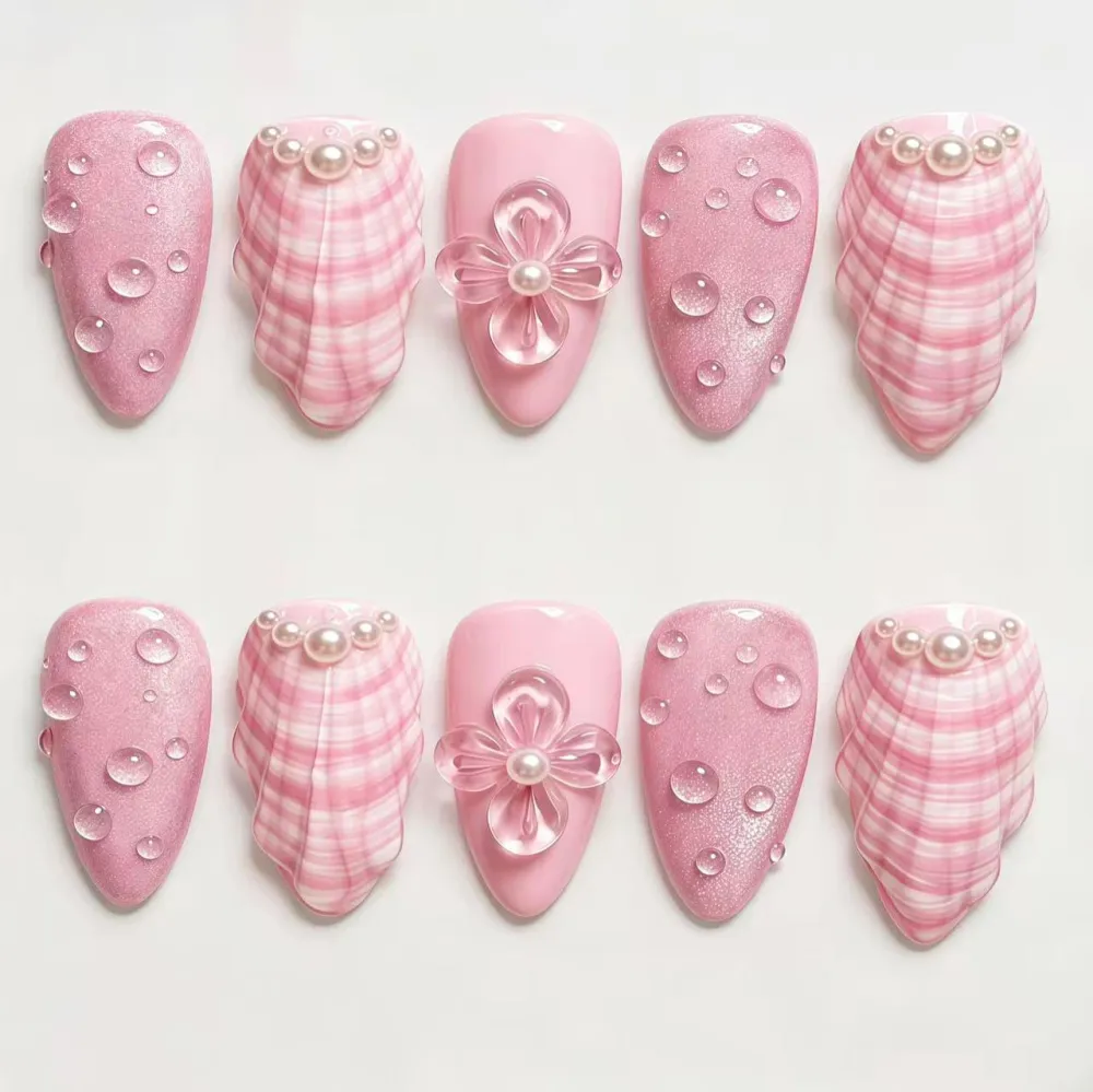 Nailhour 30Pcs Pink 3D Bubble Medium Almond French Press On Nails