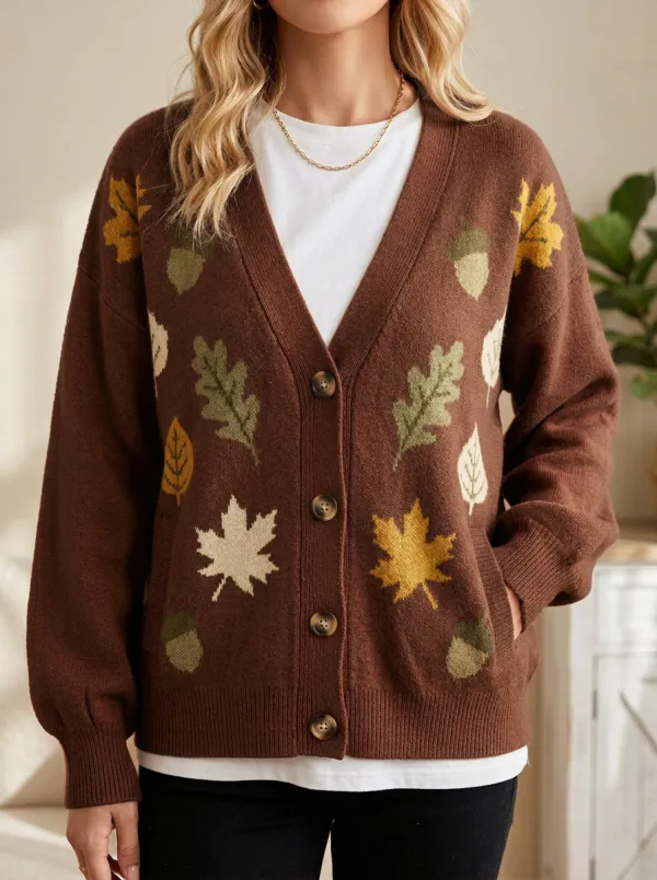 Leaf Acorn Pattern Patterned Women's Knit Cardigan