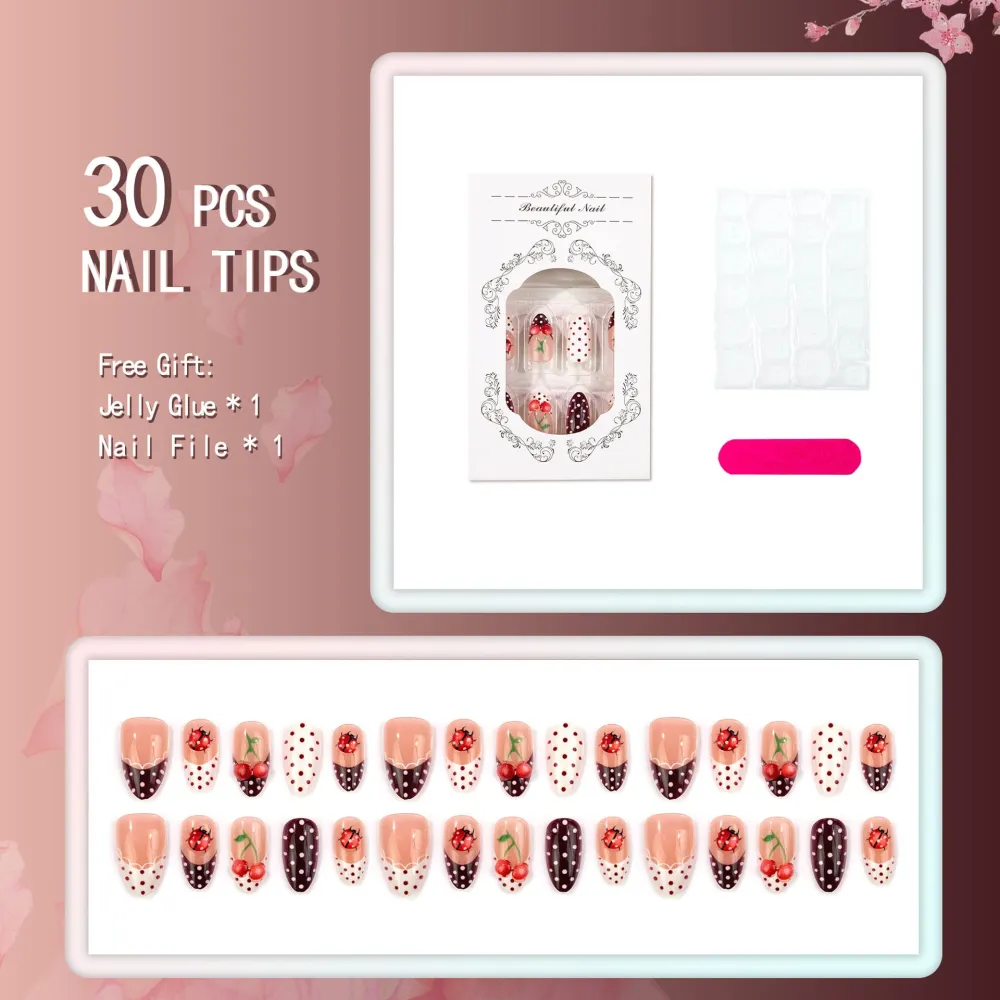 Nailhour 30Pcs Polka Dot 3D Medium Almond French Press On Nails