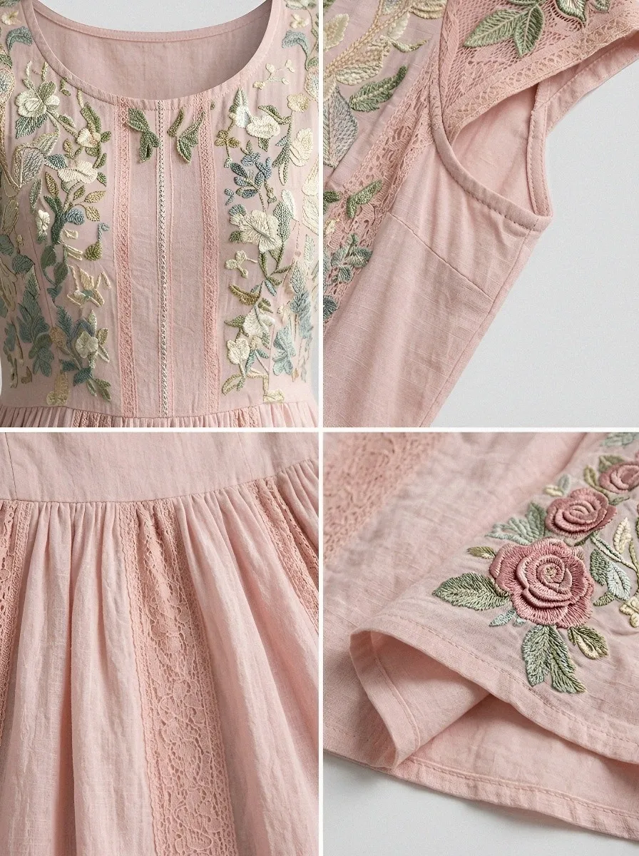 Women's Breast Cancer Awareness Pink Rose Floral Embroidered Printed Dress