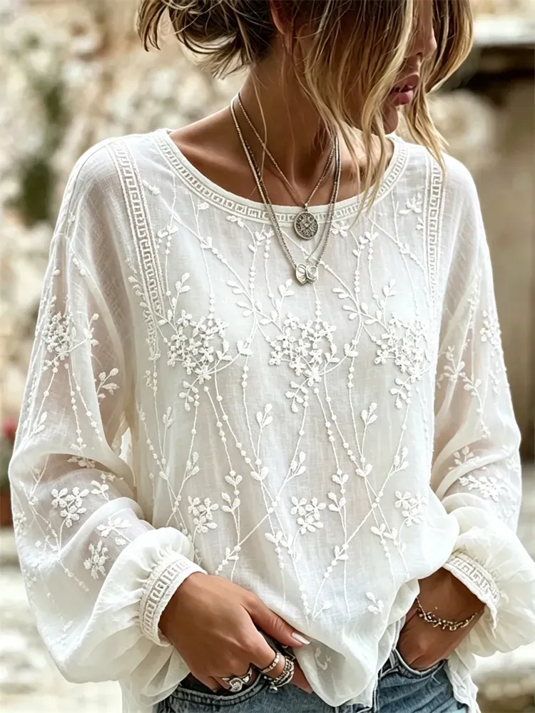 Women's floral fresh round neck top