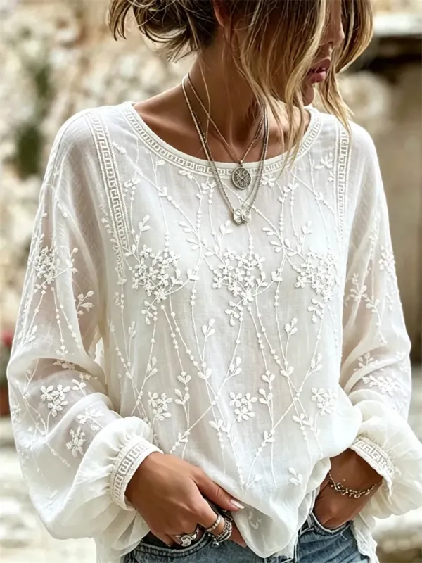 Women's floral fresh round neck top