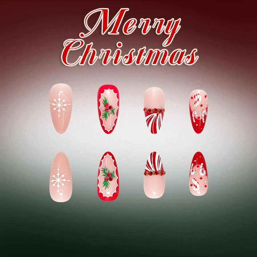 Nailhour 24Pcs Christmas Rhinestone Medium Almond French Press On Nails