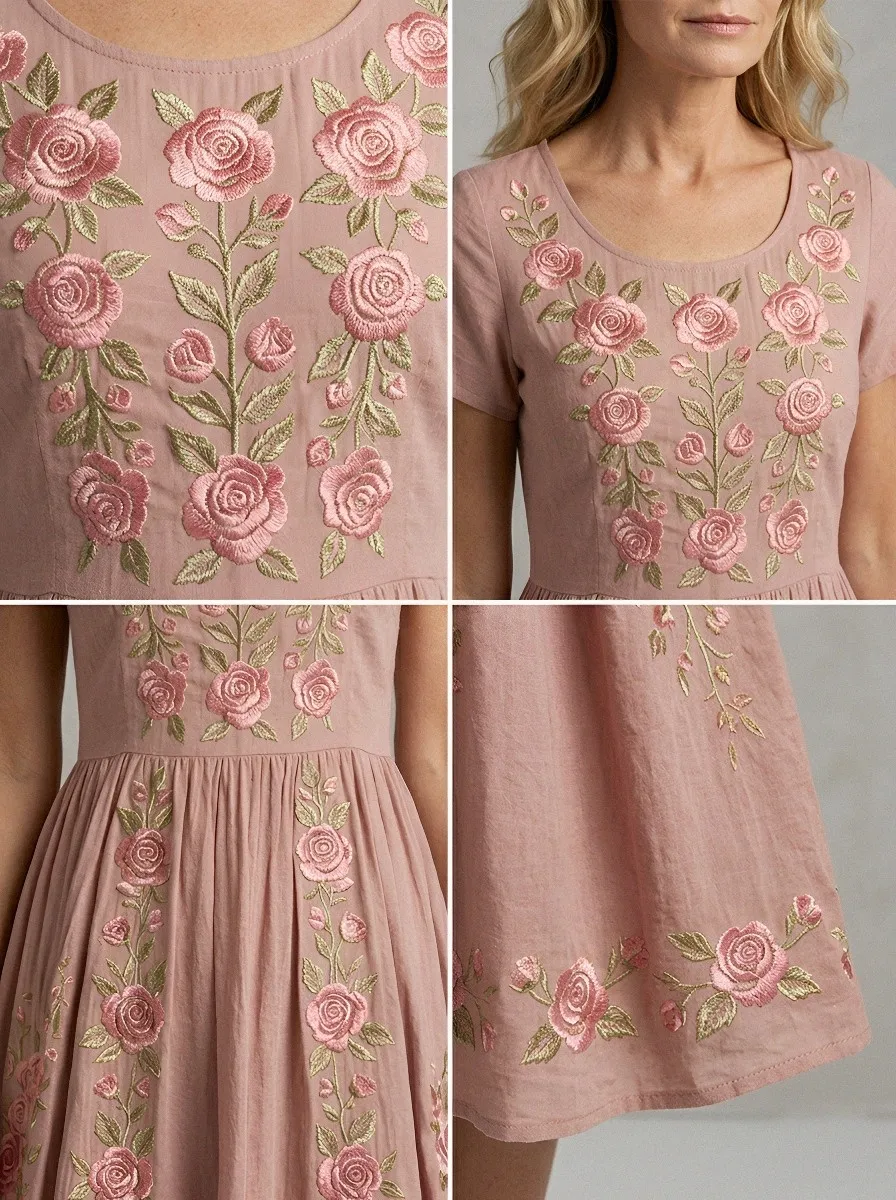Women's Breast Cancer Awareness Rose Floral Embroidered Printed Dress