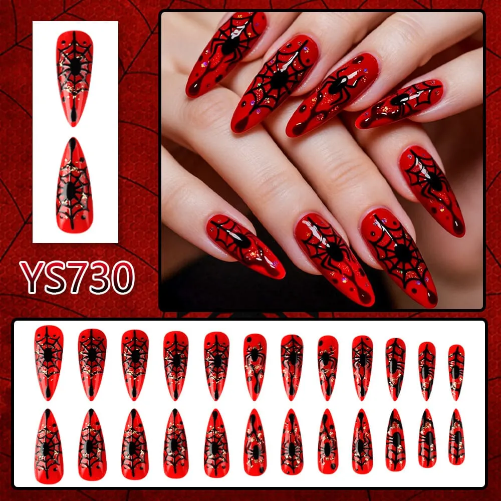 Nailhour 24Pcs Halloween Red Spider Web Medium Almond Press On Nails