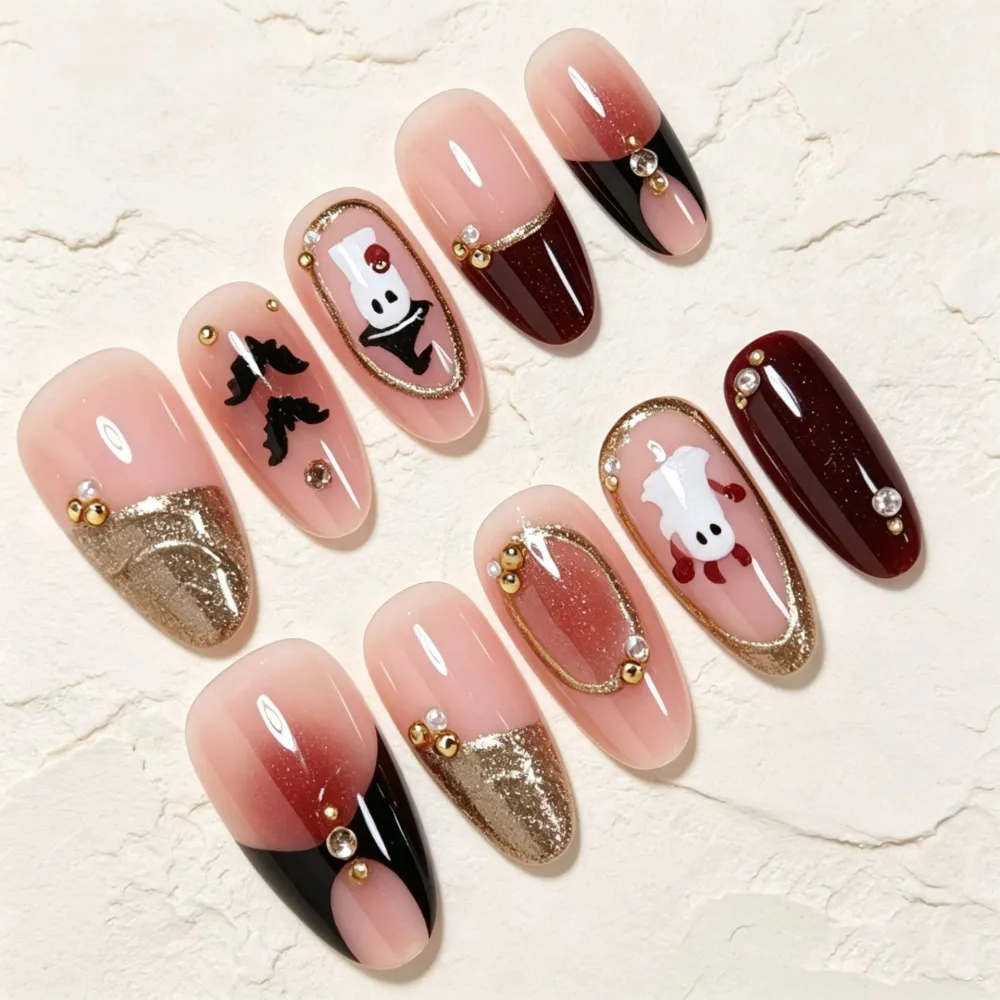 Nailhour 30Pcs Halloween Medium Almond French Gilded Press On Nails