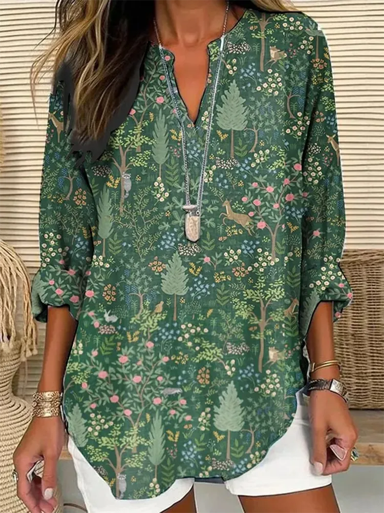 Women's Long-Sleeved V-Neck Shirt With Floral Prints