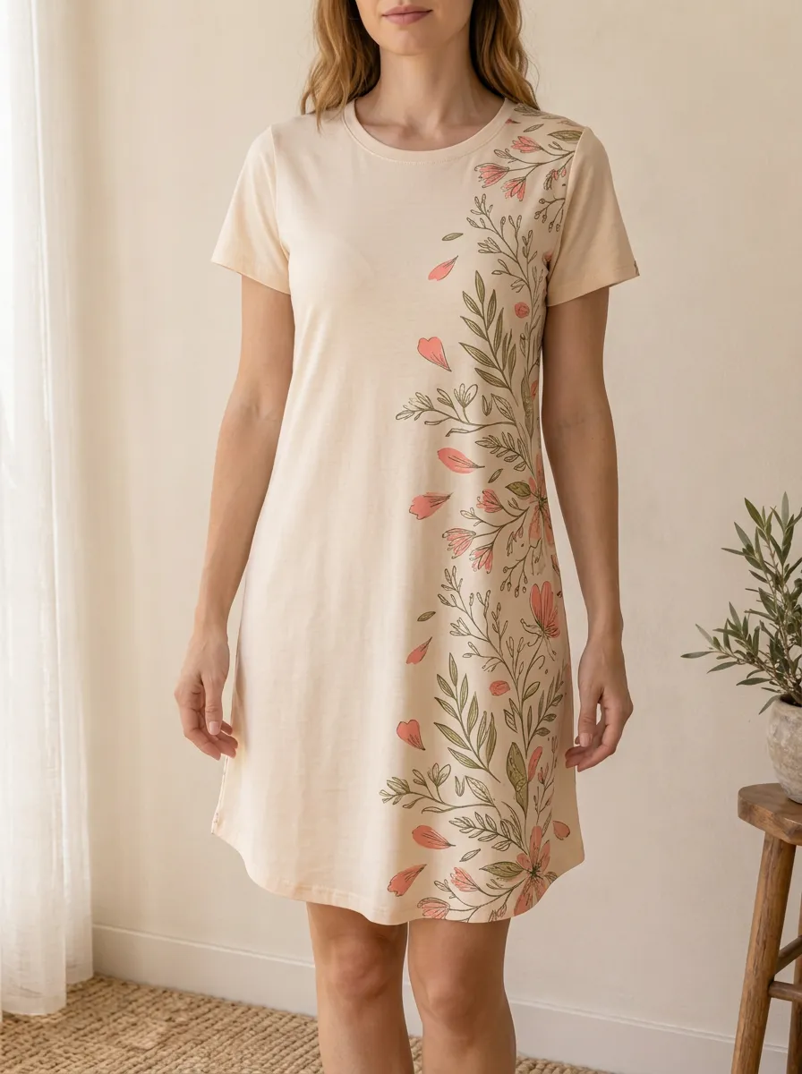 Women's Botanical Floral Side Printed T-shirt Dress