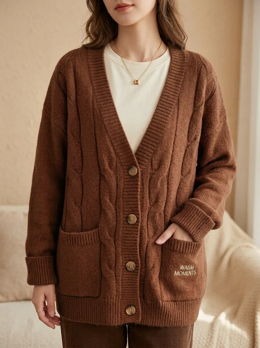 Cable Buttoned Embroidered Women's Knit Cardigan