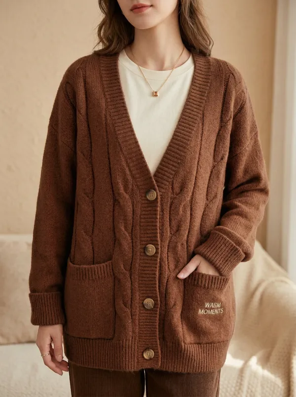 Cable Buttoned Embroidered Women's Knit Cardigan