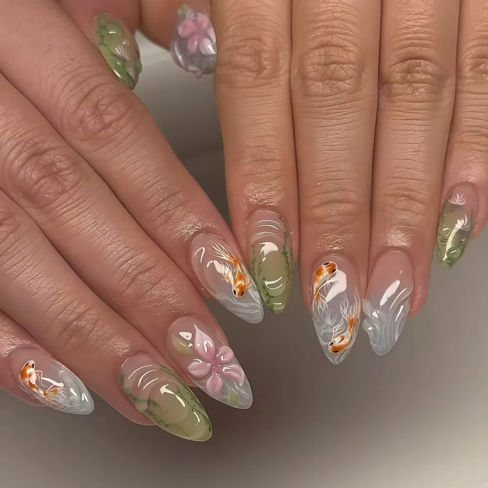 Nailhour Summer 3D Nude Aquatic Plants and Goldfish 24Pcs Press On Nails