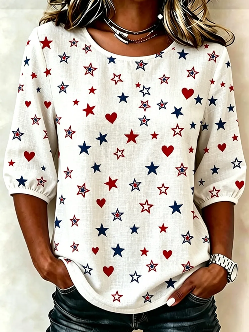 Women's Patriotic Star Linen Printed Top