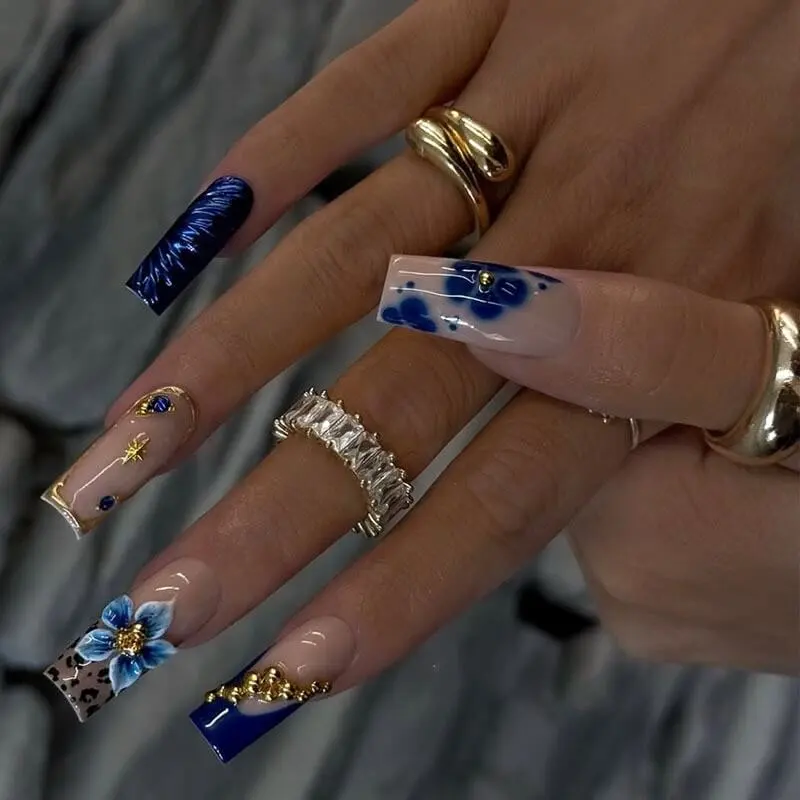 Nailhour 24Pcs Glitter 3D Resin Long Square Press On Nails
