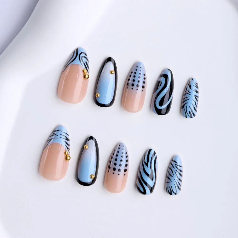 Nailhour 24Pcs Blue Gilded French 3D Medium Almond Press On Nails