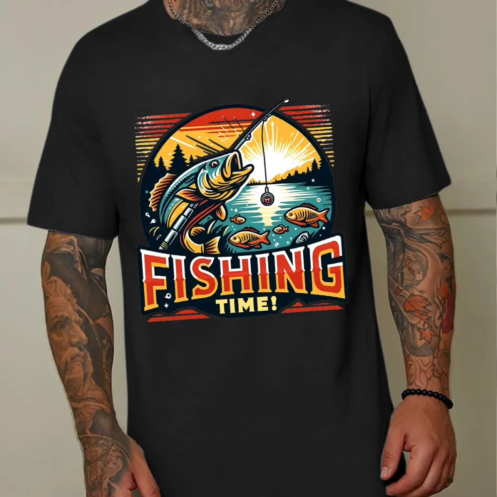 Colorful Fishing Scene Graphic T-Shirt