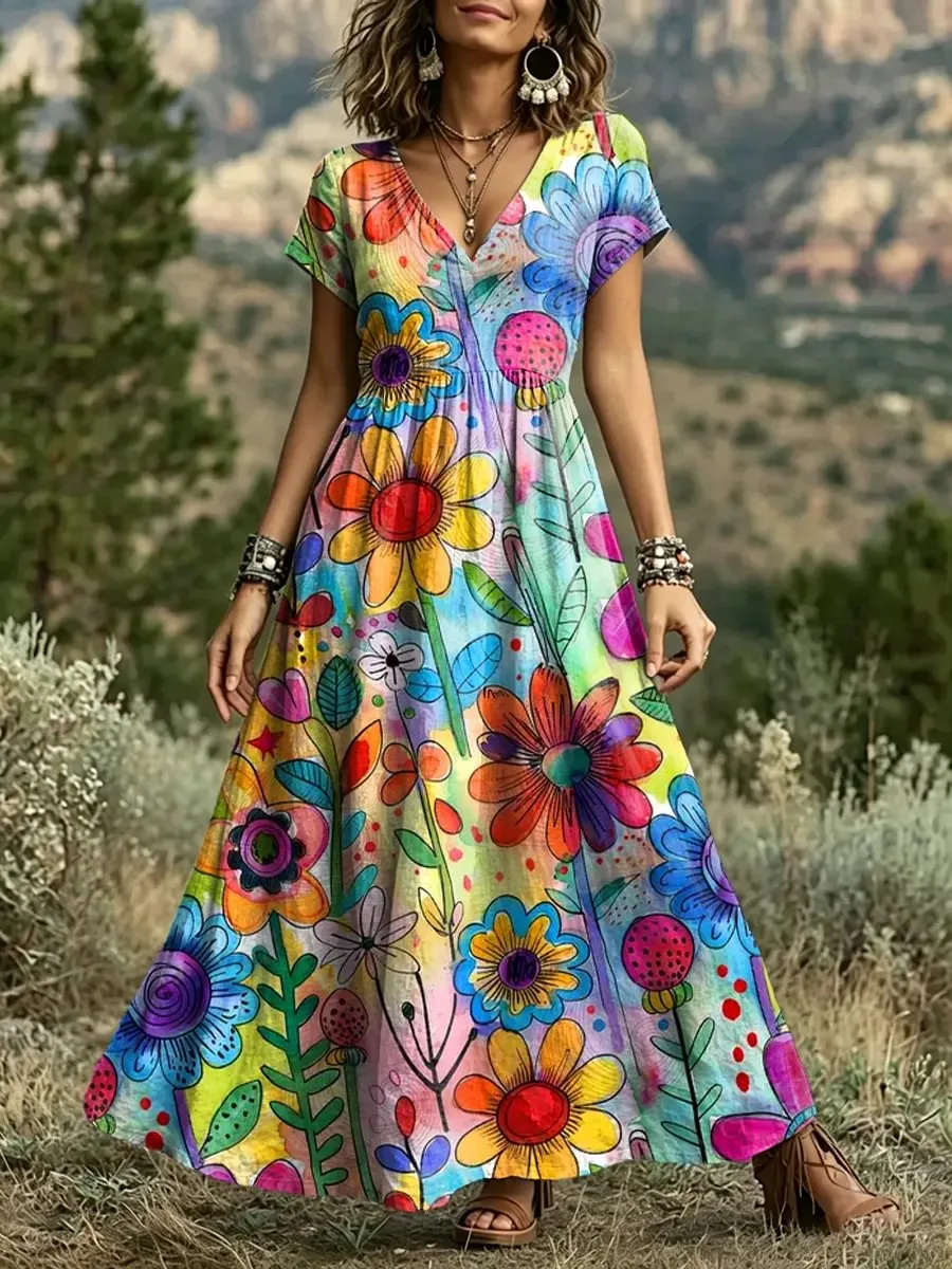 Women'S Colorful Hand-Painted Hippie Printed Cotton V-Neck Dress