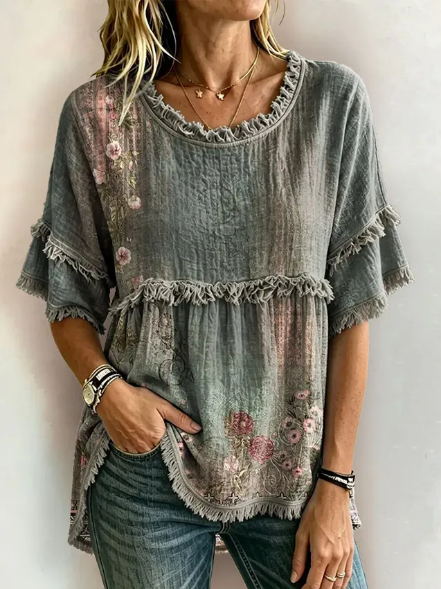 Women's Floral Print Round Neck Fringe Top
