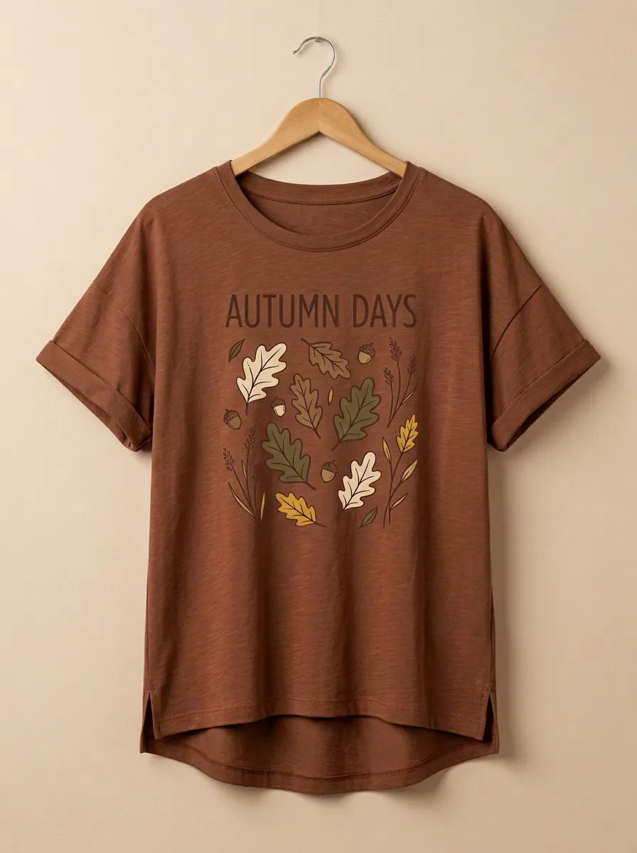 Botanical Leaves Acorns Printed Women's Graphic T-Shirt