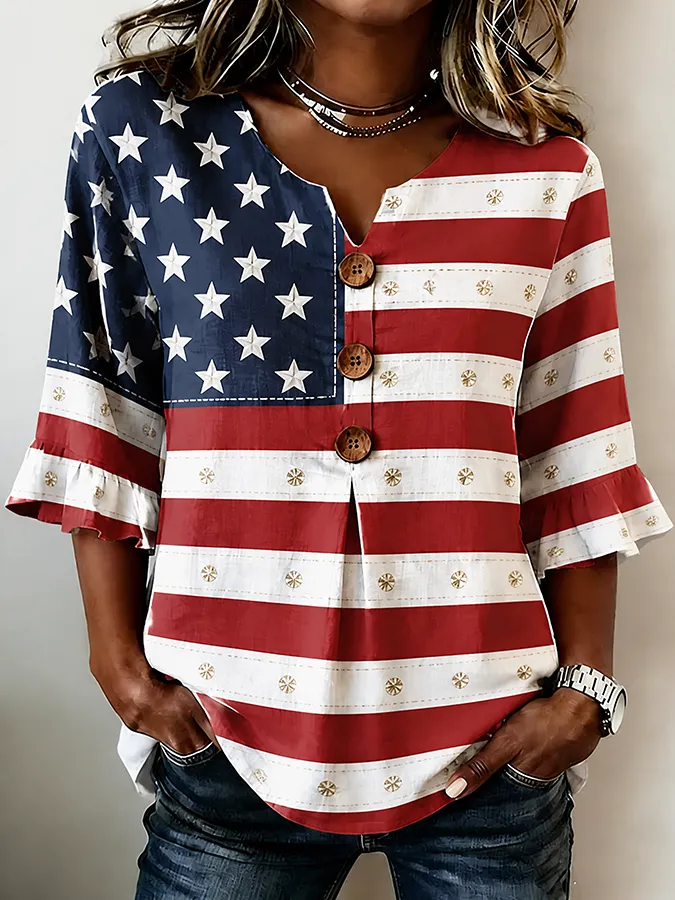 Women's Casual Patriotic 250th Anniversary Cotton Linen Shirt