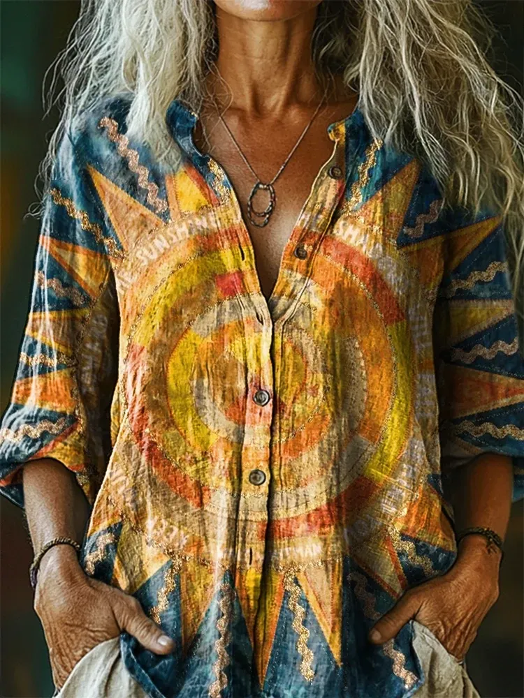Women's Retro Sun Art Print Casual Shirt