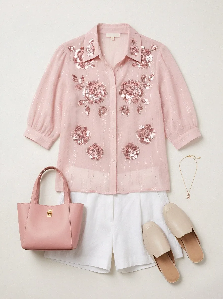 Women's Breast Cancer Awareness Pink Rose Sequin Embroidered Printed Shirt