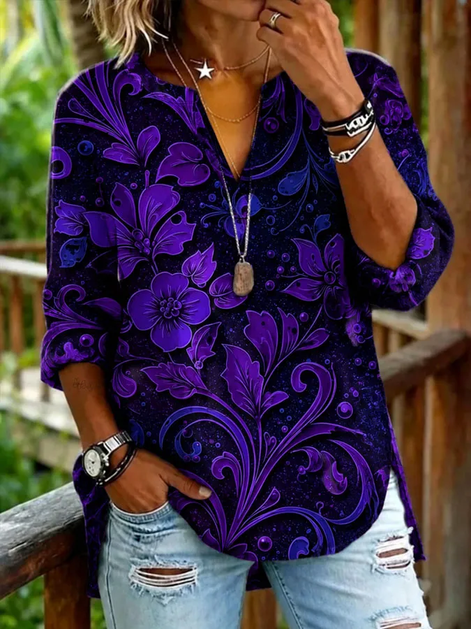 Women's Flowers Printed Cotton Linen Top