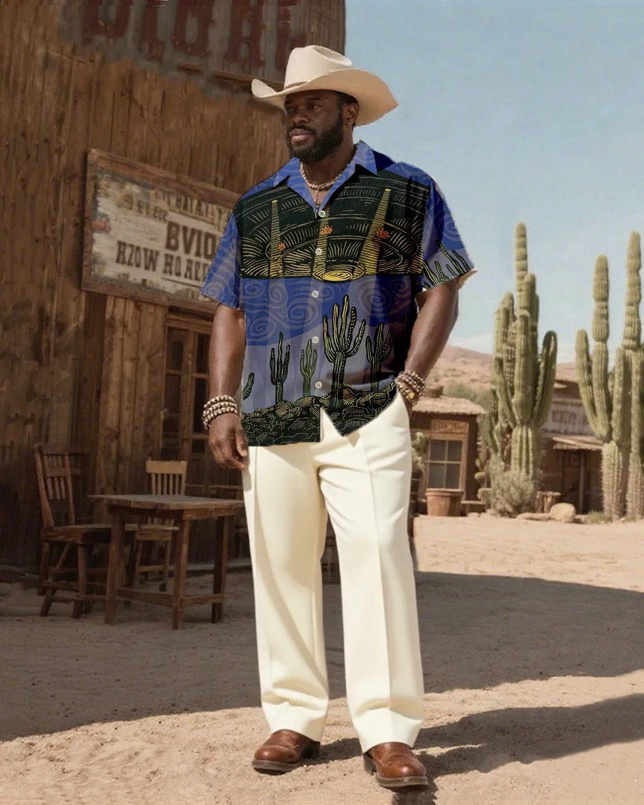 Men'S Western Wind Desert Cactus And UFO Print-Cuban Collar Short Sleeve Shirt