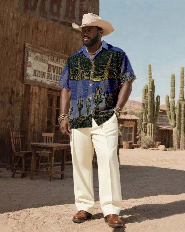Men'S Western Wind Desert Cactus And UFO Print-Cuban Collar Short Sleeve Shirt