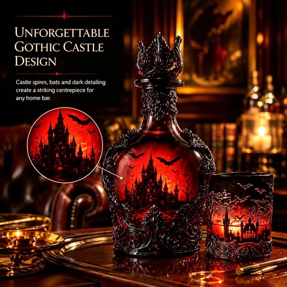 Halloween Dark Red Batwing Castle Decanter