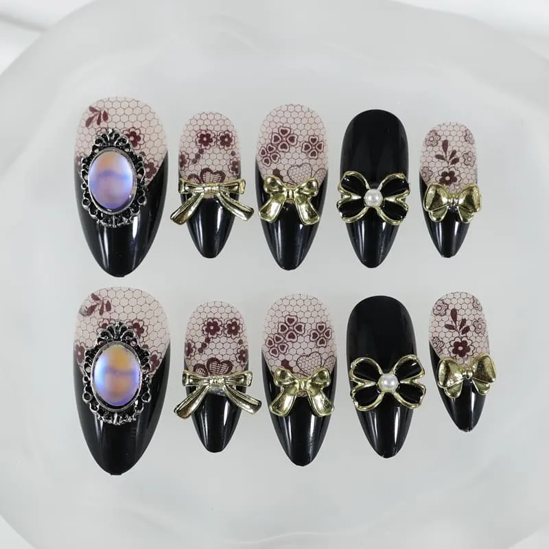 Nailhour 24Pcs Rhinestone 3D Medium Almond Vintage French Press On Nails